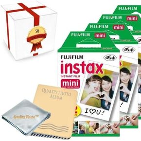 Fujifilm INSTAX Mini Instant Film 5 Pack (50 Films) for All fujifilm Mini Instant Cameras - Photo Album - Microfiber Cloth - ~ Gift Packaging ~