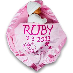 Custom Catch Personalized Girl Pink Baby Blanket Gift with Flower, Ladybug, Bee or Butterfly