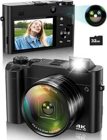 4K Digital Camera for Photography, 64MP Autofocus Vlogging Camera for YouTube with Selfie Lens, Compact Travel Video Camera with Flash, 16X Zoom, Anti-Shake, 32GB Card, 2 Batteries(Black) in Kuwait
