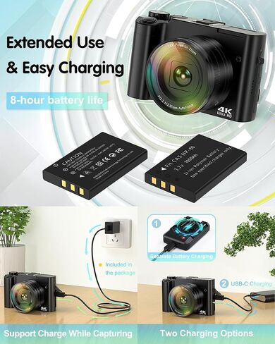 4K Digital Camera for Photography, 64MP Autofocus Vlogging Camera for YouTube with Selfie Lens, Compact Travel Video Camera with Flash, 16X Zoom, Anti-Shake, 32GB Card, 2 Batteries(Black) in Kuwait