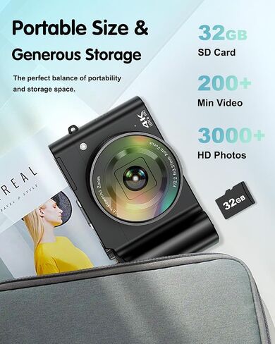 4K Digital Camera for Photography, 64MP Autofocus Vlogging Camera for YouTube with Selfie Lens, Compact Travel Video Camera with Flash, 16X Zoom, Anti-Shake, 32GB Card, 2 Batteries(Black) in Kuwait