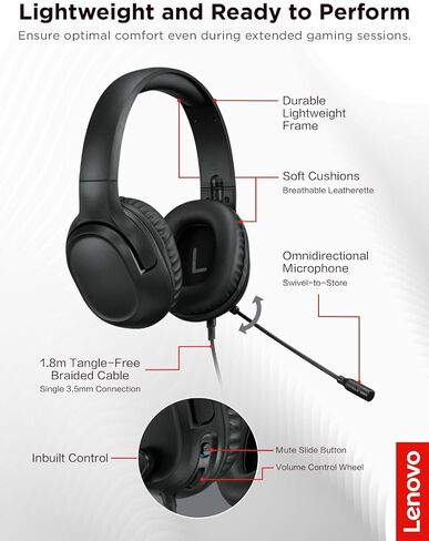 Lenovo IdeaPad H100 Gaming Headset, 50mm Drivers, Stereo Over Ear Headphones with Mic, Padded Earcups, in-Line Volume, GXD1C67963, Black in Saudi Arabia