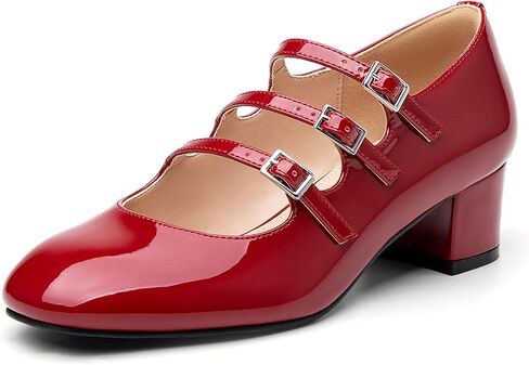Women's Mary Jane Pumps - Chunky Mid Heel with 3-Strap Buckle Design, Comfortable Round Toe in Saudi Arabia