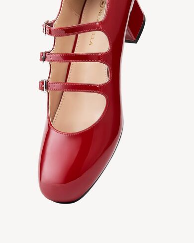 Women's Mary Jane Pumps - Chunky Mid Heel with 3-Strap Buckle Design, Comfortable Round Toe in Saudi Arabia