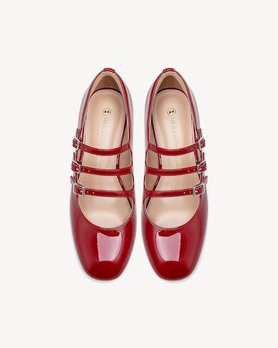 Women's Mary Jane Pumps - Chunky Mid Heel with 3-Strap Buckle Design, Comfortable Round Toe in Saudi Arabia