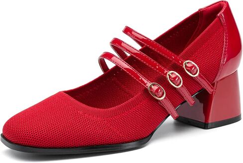 Women's Mary Jane Pumps - Chunky Mid Heel with 3-Strap Buckle Design, Comfortable Round Toe in Saudi Arabia