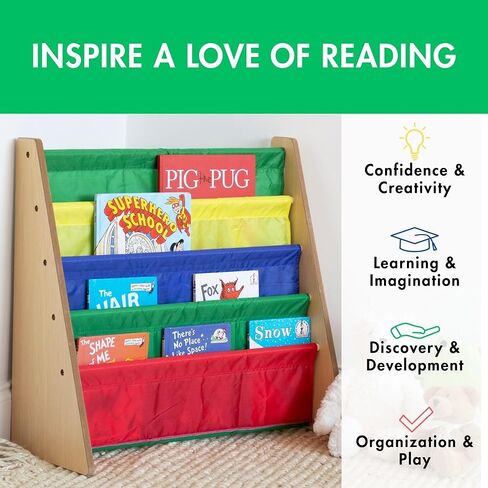 الطاقم المتواضع رف الكتب 4 مستويات ، الخشب الطبيعي/الابتدائي - رف الكتب الممتاز لغرف الأطفال مع أربعة جيوب عميقة - رف كتب حبال صغير مع الأكمام العميقة ، ومنظم خزانة الحضانة in Kuwait