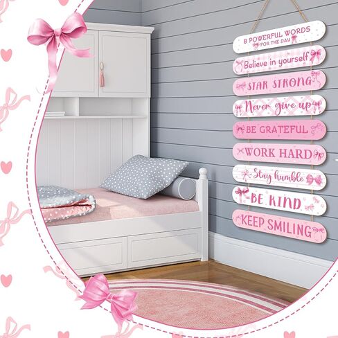 Pink Coquette Bow Inspirational Wall Art Decoration Wooden Pink Coquette Party Hanging Sign Positive Quotes Wall Sign Gifts Supplies for Home Living Room Bedroom Bathroom Classroom Gym in Saudi Arabia