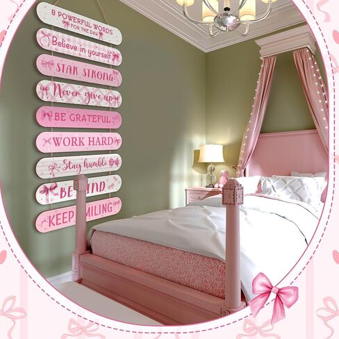 Pink Coquette Bow Inspirational Wall Art Decoration Wooden Pink Coquette Party Hanging Sign Positive Quotes Wall Sign Gifts Supplies for Home Living Room Bedroom Bathroom Classroom Gym in Saudi Arabia