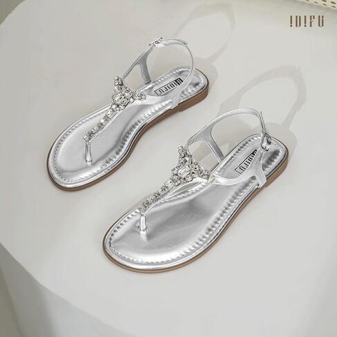 Idifu Rhinestone صندل مسطح للنساء اللامعين اللامع Thong Thong Bling Summer Tling Trand Strap Fress Frick for Wedder Bride Bride Beach Trendy Strendy Ladies Women's Sandals in Saudi Arabia
