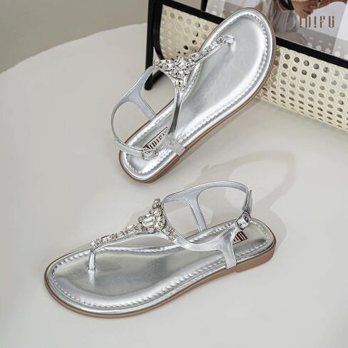 Idifu Rhinestone صندل مسطح للنساء اللامعين اللامع Thong Thong Bling Summer Tling Trand Strap Fress Frick for Wedder Bride Bride Beach Trendy Strendy Ladies Women's Sandals in Saudi Arabia