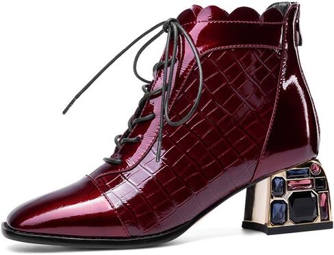 TinaCus Women's Glossy Patent Leather Handmade Colorful Crystal Mid Chunky Heel Round Toe Back Zipper Ankle Boots with Selftie in Saudi Arabia