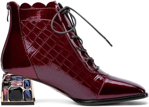 TinaCus Women's Glossy Patent Leather Handmade Colorful Crystal Mid Chunky Heel Round Toe Back Zipper Ankle Boots with Selftie in Saudi Arabia