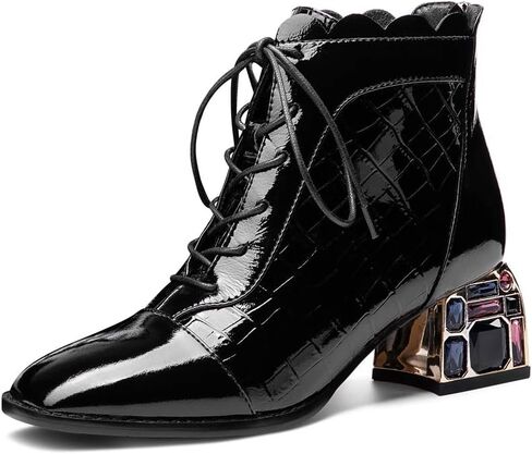 TinaCus Women's Glossy Patent Leather Handmade Colorful Crystal Mid Chunky Heel Round Toe Back Zipper Ankle Boots with Selftie in Saudi Arabia