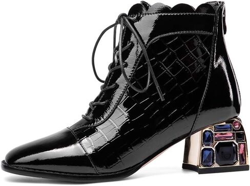 TinaCus Women's Glossy Patent Leather Handmade Colorful Crystal Mid Chunky Heel Round Toe Back Zipper Ankle Boots with Selftie in Saudi Arabia