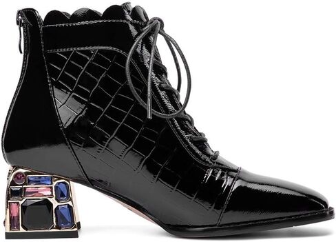 TinaCus Women's Glossy Patent Leather Handmade Colorful Crystal Mid Chunky Heel Round Toe Back Zipper Ankle Boots with Selftie in Saudi Arabia