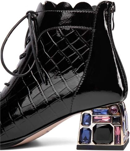 TinaCus Women's Glossy Patent Leather Handmade Colorful Crystal Mid Chunky Heel Round Toe Back Zipper Ankle Boots with Selftie in Saudi Arabia