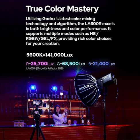 Godox Litemons LA600R RGB LED ضوء الفيديو مع حقيبة حمل ، 600W 141،000LUX@1M STUDIO LIGHT ، 1800K-10000K Bowens Mount مع 14 تأثيرات FX ، التحكم في التطبيق ، اتصال NFC (أسود) in Kuwait