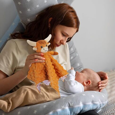 Loveys for Babies, Brown Highland Cow Baby Security Blanket | Soft Baby Blanket Lovey for Newborn Infant Toddler, Lovey Baby Snuggle Toys Stuffed Animal, 12.2in Baby Gifts for Boys Girls in Saudi Arabia