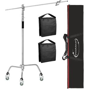 10ft Light Stand, Pro 100% Stainless Steel Heavy Duty C Stand with Wheels, 4ft/120cm Boom Arm for Photo Studio Video Reflector, Monolight and Other Photographic Equipment