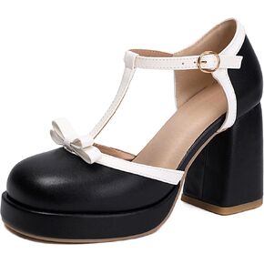 ForeMode Bow Mary Jane Shoes High Heels Closed Round Toe Pumps Leather Summer Sweet Shoe