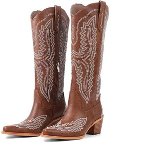 LingxiaUne Women’s Western Cowboy Boots – Embroidered Tall Shaft Mid Calf Chunky Heel Boots for Stylish & Comfortable Wear