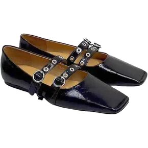 Retro&Elegant Square-Toe Slip-on Flats for Women with Double-Buckle Rivet Design Comfortable Casual Dressy Shoes