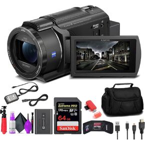 Sony FDR -AX43 UHD 4K Handycam Camcorder (FDRAX43/B) + 64GB بطاقة ذاكرة + حقيبة + قارئ بطاقة + ترايبود مرن + محفظة بطاقة الذاكرة + مجموعة تنظيف العدسة - حزمة.