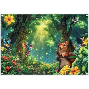 7x5ft Fabric Summer Activities Forest Backdrop Squirrel Butterfly Bird Wlidflower Wonderland Photography Background Kids Outdoor Party Decorations Photo Props