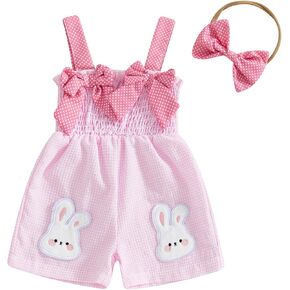 Baby Girls Romper Sleeveless Strawberry Embroidery Plaid Shorts Jumpsuit Casual Summer Cute Bow One Piece Clothes