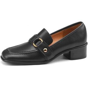 TinaCus Women's Genuine Leather Square Toe Handmade Metal Buckle Low Chunky Heel Casual Loafers