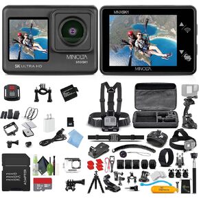 Minolta MNX5K1 5K Ultra HD / 24 MP Action Camera Kit + 32GB Memory Card + Cleaning kit + Diginerds 50 in 1 Go Pro Accessory Pack - Black