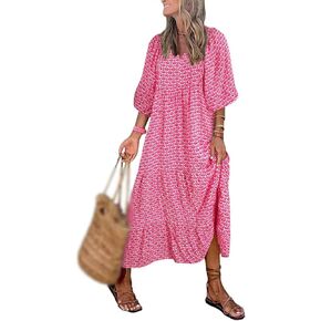 Womens Loose Fit Casual Summer V Neck Half Sleeve Dresses Bohemian Boho Dress Geometric Pattern Maxi Long Hawaii