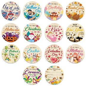Threetols 7PCS Wooden My First Holiday Milestone Cards Sign, Double Sided Newborn Photography Prop Pregnancy Journey Baby Growth My First Holiday Anniversary Milestone Wood Discs Baby Shower Gifts