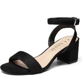 Women's Low Block Chunky Heels Ankle Strap Sandals Open Toe Nude Black Silver Heel for Women 2.3 Inches Wedding Party Prom Dress Pump Shoes