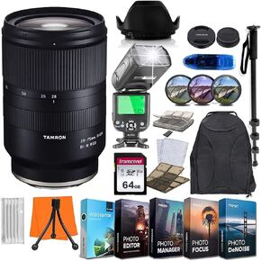 Tamron 28-75mm f/2.8 Di III RXD Lens for Sony E Cameras w/ 64GB Memory Card + Photo/Video Editing Software + Video TTL Flash & Exclusive Travel Accessory Bundle