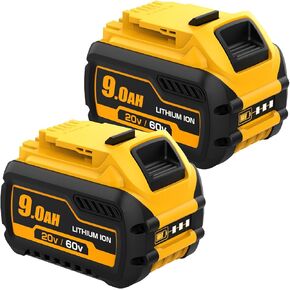 2 Packs 9000mAh DCB609 Battery Replacement for Dewalt Flexvolt 20V/60V Max Lithium Ion Batteries DCB609-2 DCB612 DCB612-2 DCB606 DCB606 DCB208 DCB207 DCB206 DCB204 DCB203 DCB200 DCB201(Yellow)