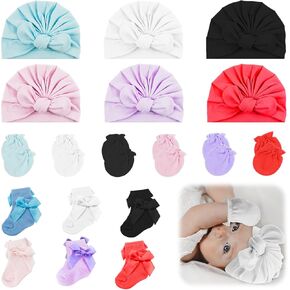 Newborn Baby Girl Hats Mittens and Socks Set Bows Caps Beanies Ruffle Socks Cotton Gloves for Preemie Infant 0-6 Months Girls
