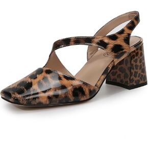 Women's Slingback Pumps Chunky Heel Squared Toe Snake and Leopard PU Leather Sexy Dress Shoes