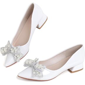 Women's Pumps Low Chunky Block Heel Rhinestone Closed Pointed Toe Comfortable Slip on Work Dress Shoes for Office