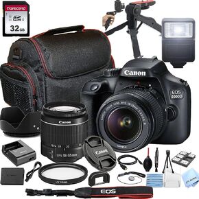 Canon EOS 4000D DSLR Camera with 18-55mm f/3.5-5.6 Zoom Lens,32GB Memory, Case,Tripod w/Hand Grip and More(28pc Bundle) (Renewed)