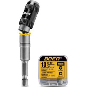 boen 14PCS Pivoting Magnetic Bit Holder with Screwdriver Bits, Swivel Drill Bit Extension, 1/4-Inch SAE Hex Shank, for Impact Driver, Narrow Corners Use