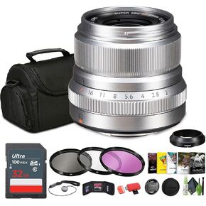 Fujifilm XF 23mm F/2 R WR العدسات (الفضة) + علبة العدسة الناعمة + حزمة بطاقة ذاكرة 32 جيجابايت مع 3pc MC Pro Filter Kit UV/CPL/F 43 + Caper Caper + More