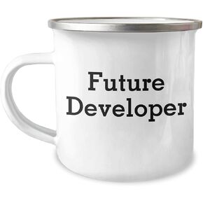 Future Developer Funny Quote Camping Mug Gifts for Valentines Day, 12oz Stainless Steel Enamel Print, Unique Developer Gifts from Friends to Future Coders