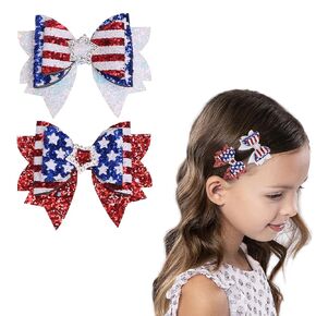 4th of July Bow Hair Clips for Toddler Baby Girls - 2Pcs Red White Blue Flag Hair Bow Alligator Clips Sequin Cheer Barrettes Patriotic USA Bow Hairgrips Women Hair Accessories for Independence Day