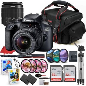 Canon EOS 4000D DSLR Camera with 18-55mm Lens Bundle + Prime Accessory Package Including 64 GB Memory, Filters, Macro Close Ups, Tripod, Case, Software & More (28 Items) (Renewed)