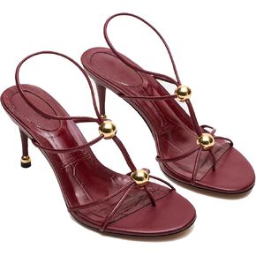 Strappy Heels for Women Round Open Toe Thong Sandals Ankle Strap Stiletto Flip Flops Dressy Beach Shoes with Metal Bead