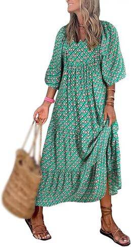 Womens Loose Fit Casual Summer V Neck Half Sleeve Dresses Bohemian Boho Dress Geometric Pattern Maxi Long Hawaii in Saudi Arabia
