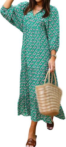 Womens Loose Fit Casual Summer V Neck Half Sleeve Dresses Bohemian Boho Dress Geometric Pattern Maxi Long Hawaii in Saudi Arabia