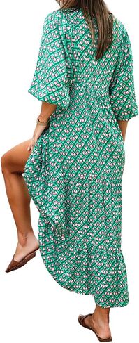 Womens Loose Fit Casual Summer V Neck Half Sleeve Dresses Bohemian Boho Dress Geometric Pattern Maxi Long Hawaii in Saudi Arabia